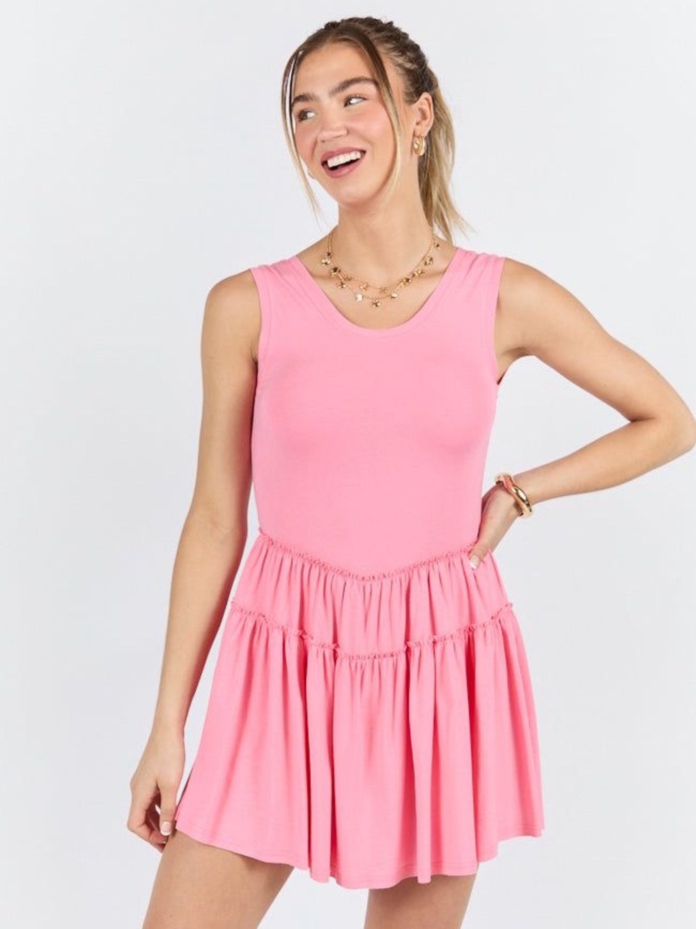 Pink Lily Pink Tiered Romper Dress  Size Large